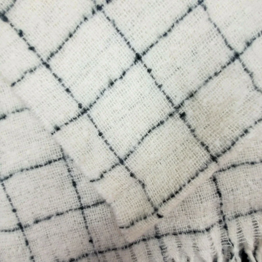 LOFT Women's Wool Blend Scarf Cream Black Check Rectangular One Size Fringe